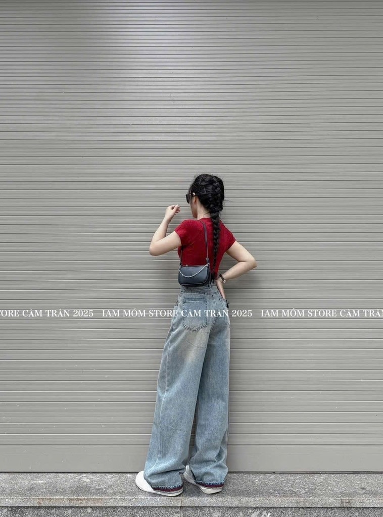 QUẦN SUÔNG JEAN NỮ PHỐI ĐỈA ĐỎ SẴN