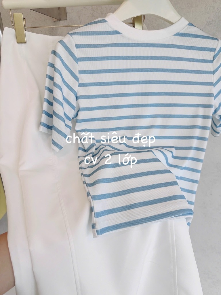 SET ÁO KẺ XANH CHÂN VÁY TRẮNG NỮ SẴN