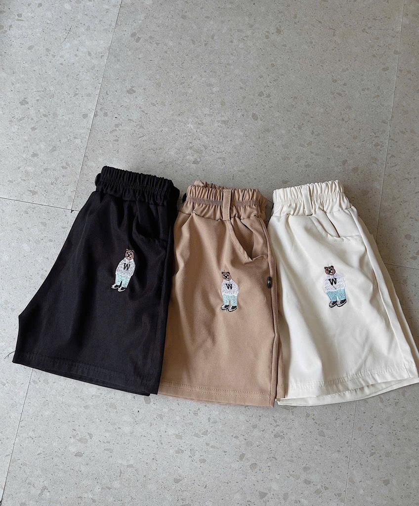 SET 3 QUẦN ĐÙI KAKI THÊU GẤU ĐEN TRẮNG NÂU BÉ TRAI SẴN(XẢ 89k)