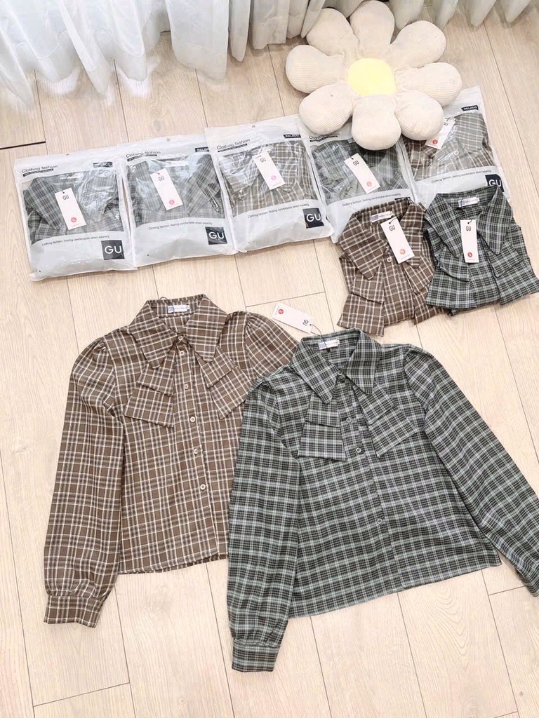 ÁO SƠ MI GU KẺ NƠ 2 LỚP DÀI TAY NỮ SẴN (XẢ 79k)