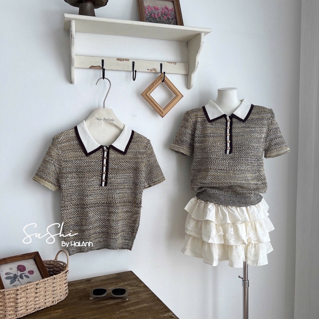 ÁO LEN LƯỚI NHŨ CỔ POLO NỮ