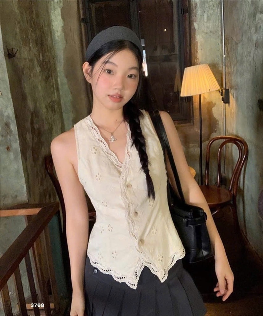 ÁO REN HOA 2 LỚP ĐAI SAU NỮ