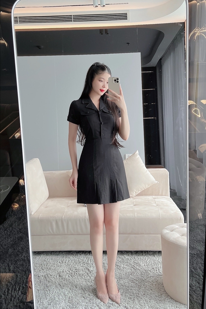 VÁY NỮ CỔ VEST NẮP TÚI LI GẤU