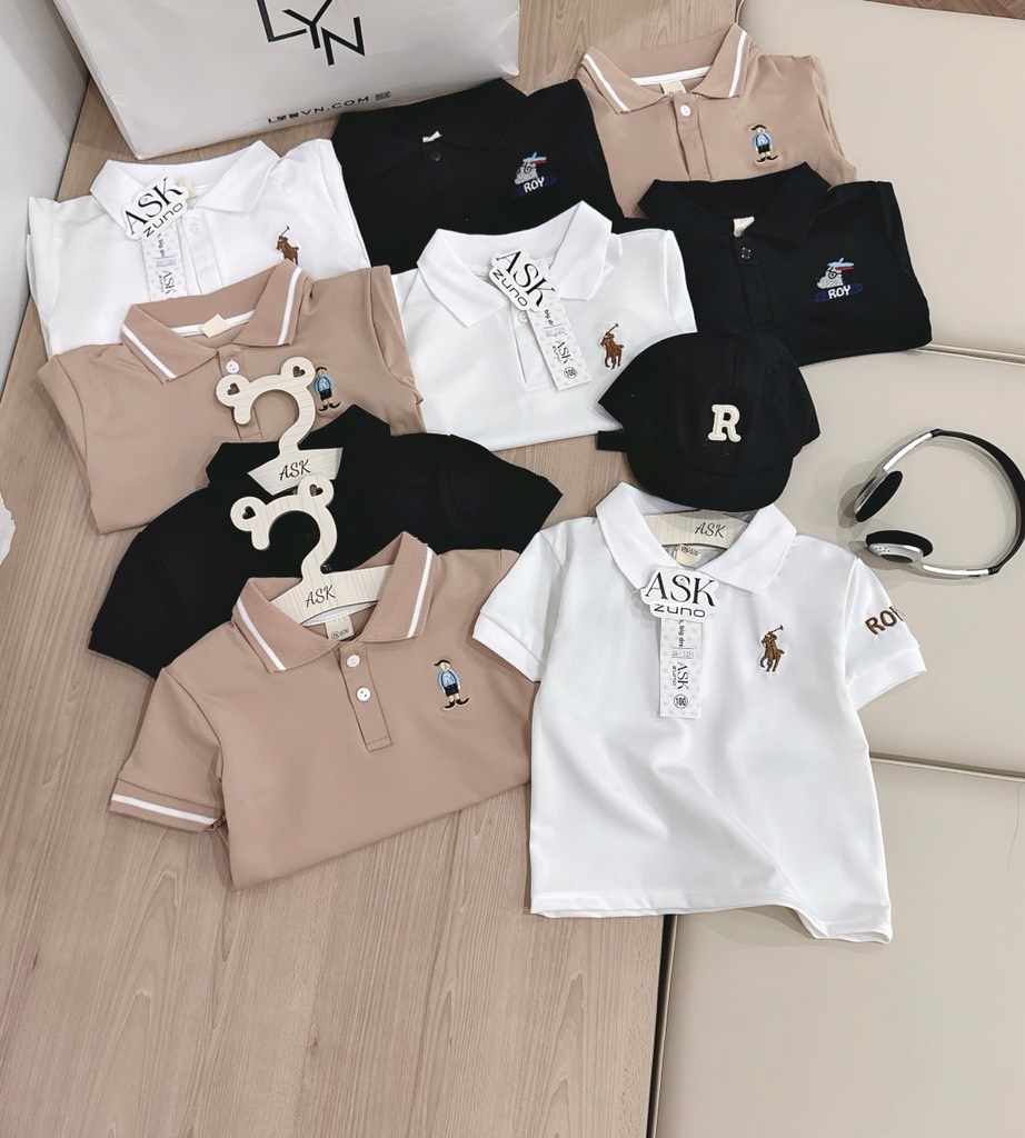 SET 3 ÁO POLO CỔ ĐỨC TRẮNG NÂU ĐEN BÉ TRAI SẴN (sale 97k)