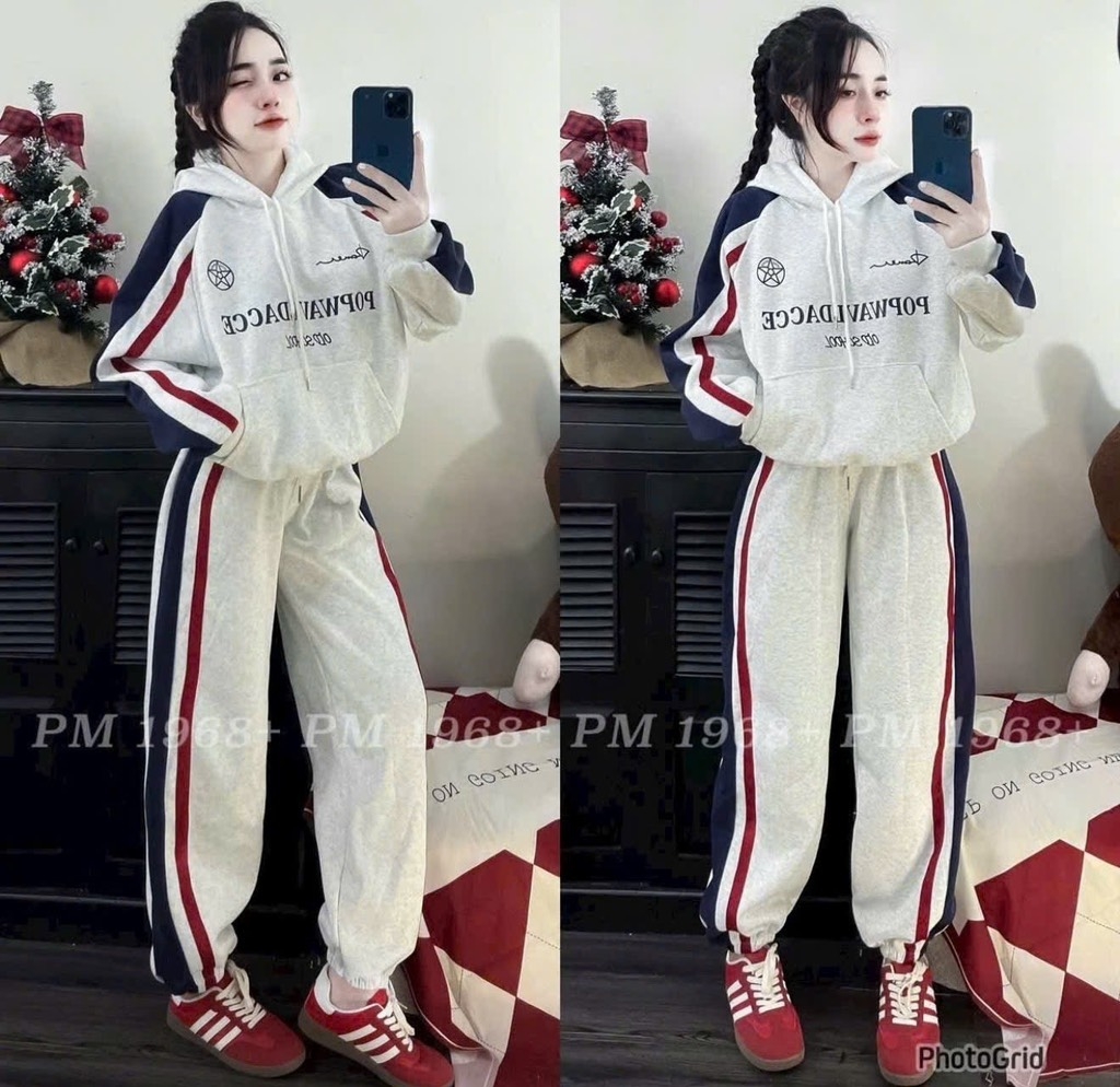 BỘ NỈ XÁM PHỐI MÀU CÓ MŨ NỮ THU ĐÔNG SẴN