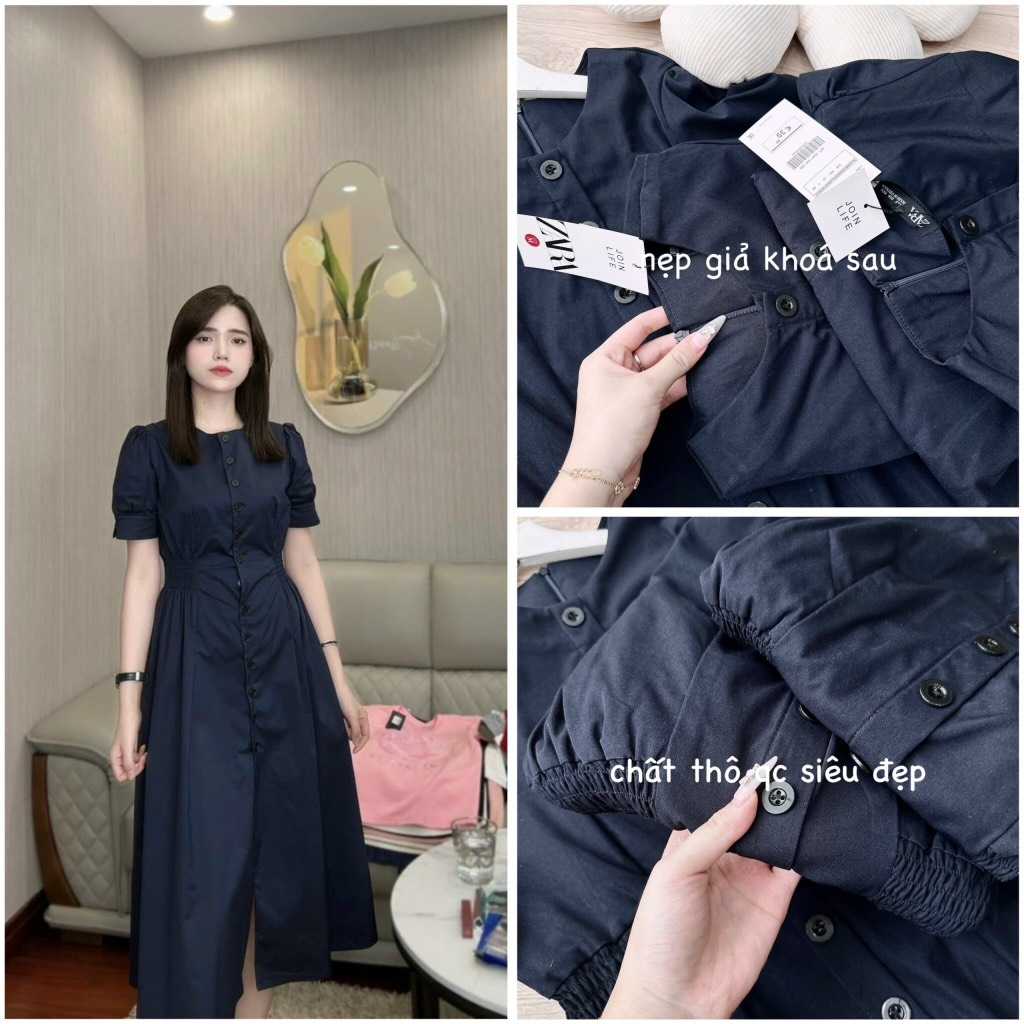 VÁY NỮ CHUN EO CÚC TRƯỚC TAY BỒNG(xả 119k)