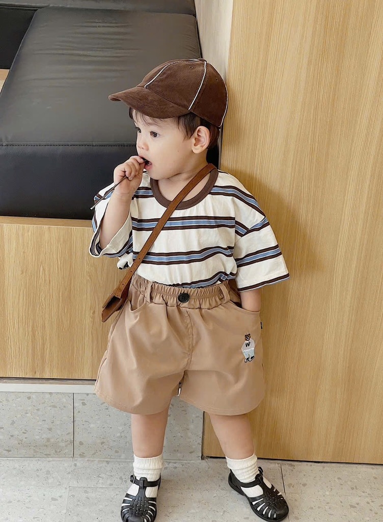 SET 3 QUẦN ĐÙI KAKI THÊU GẤU ĐEN TRẮNG NÂU BÉ TRAI SẴN(XẢ 89k)