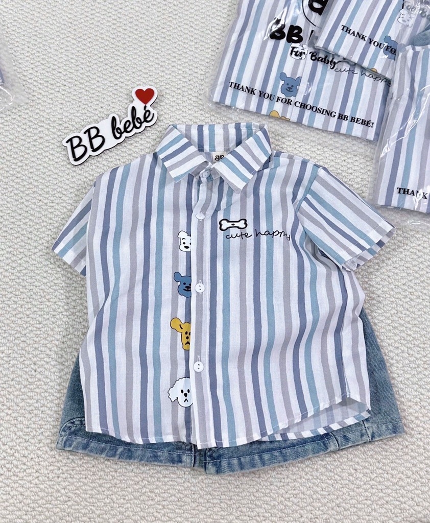 SET ÁO SƠ MI CỘC TAY KẺ KÈM QUẦN BÒ BÉ TRAI