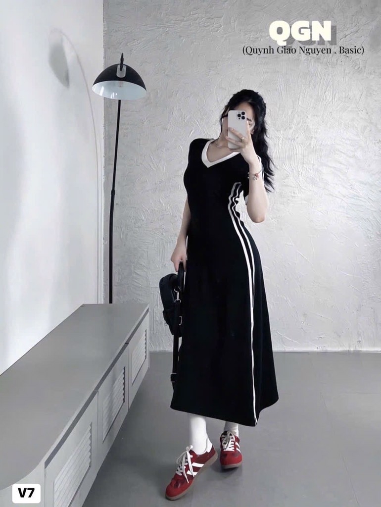 VÁY DÁNG DÀI TAY PHỐI SỌC NỮ