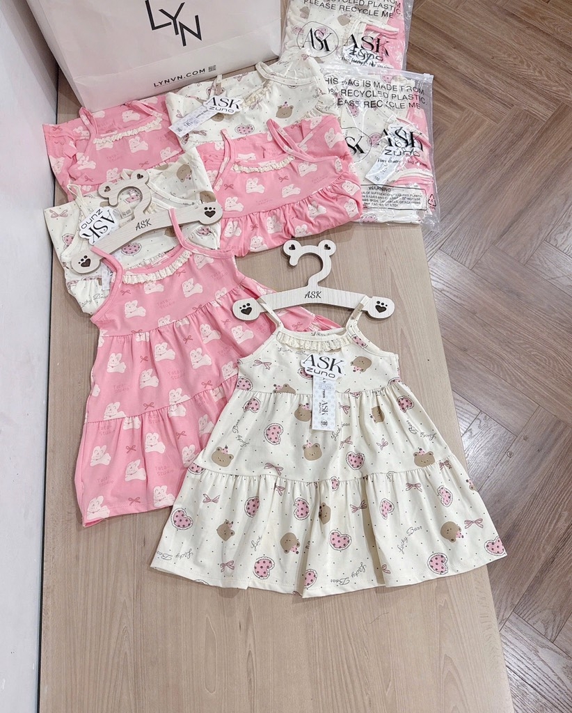 SET VÁY 2 DÂY VIỀN REN TONE BE HỒNG BÉ GÁI
