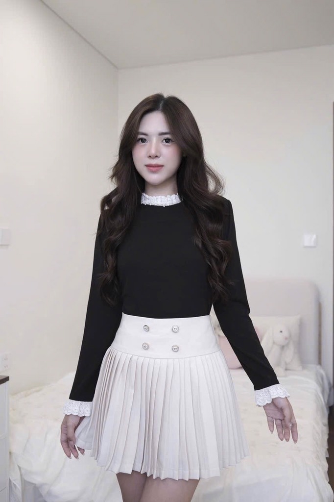 SET ÁO LEN CỔ REN MIXX CV XẾP LI CÚC ĐỒNG NỮ THU ĐÔNG SẴN