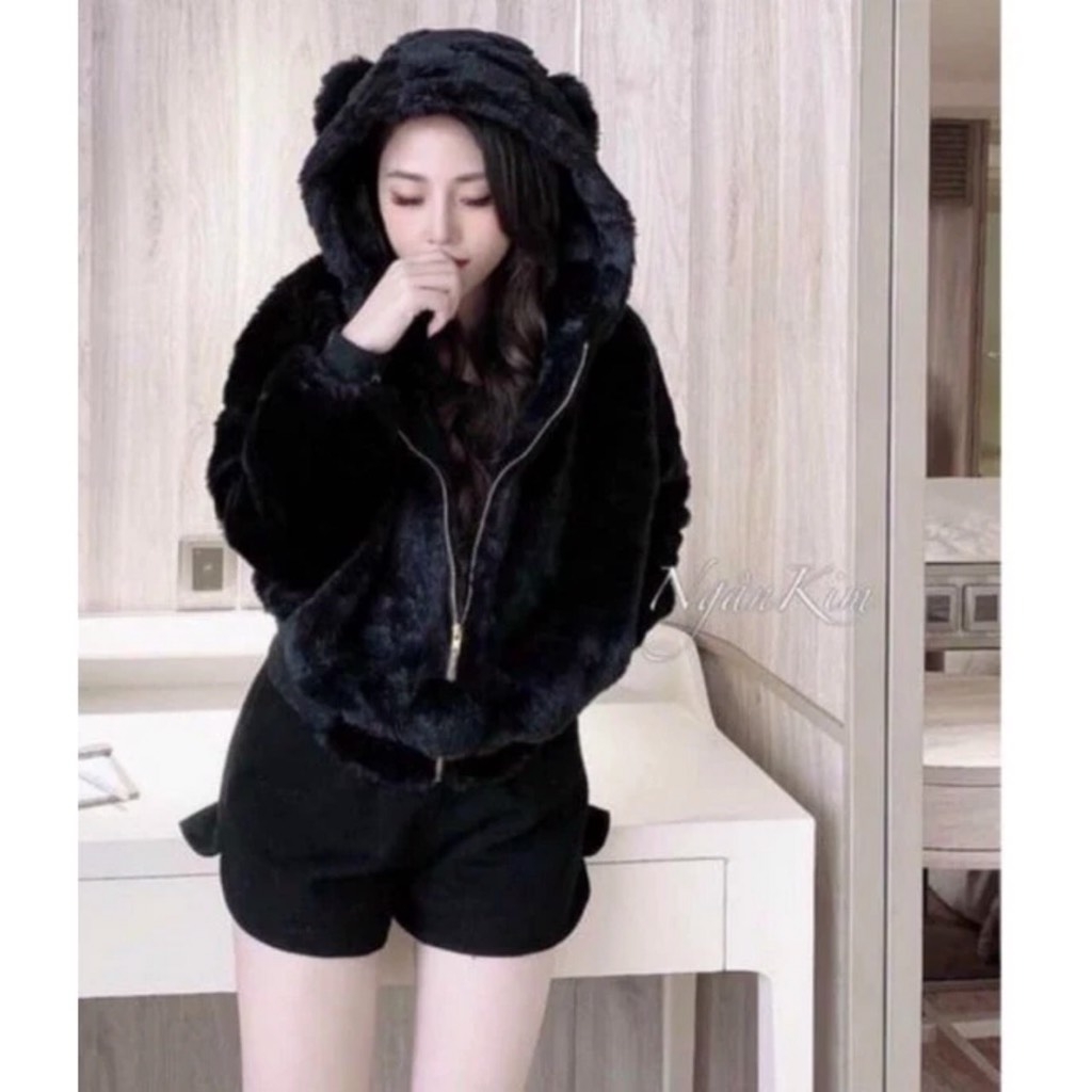 ÁO KHOÁC NỮ LÔNG TAI GẤU SIÊU ẤM THU ĐÔNG SẴN