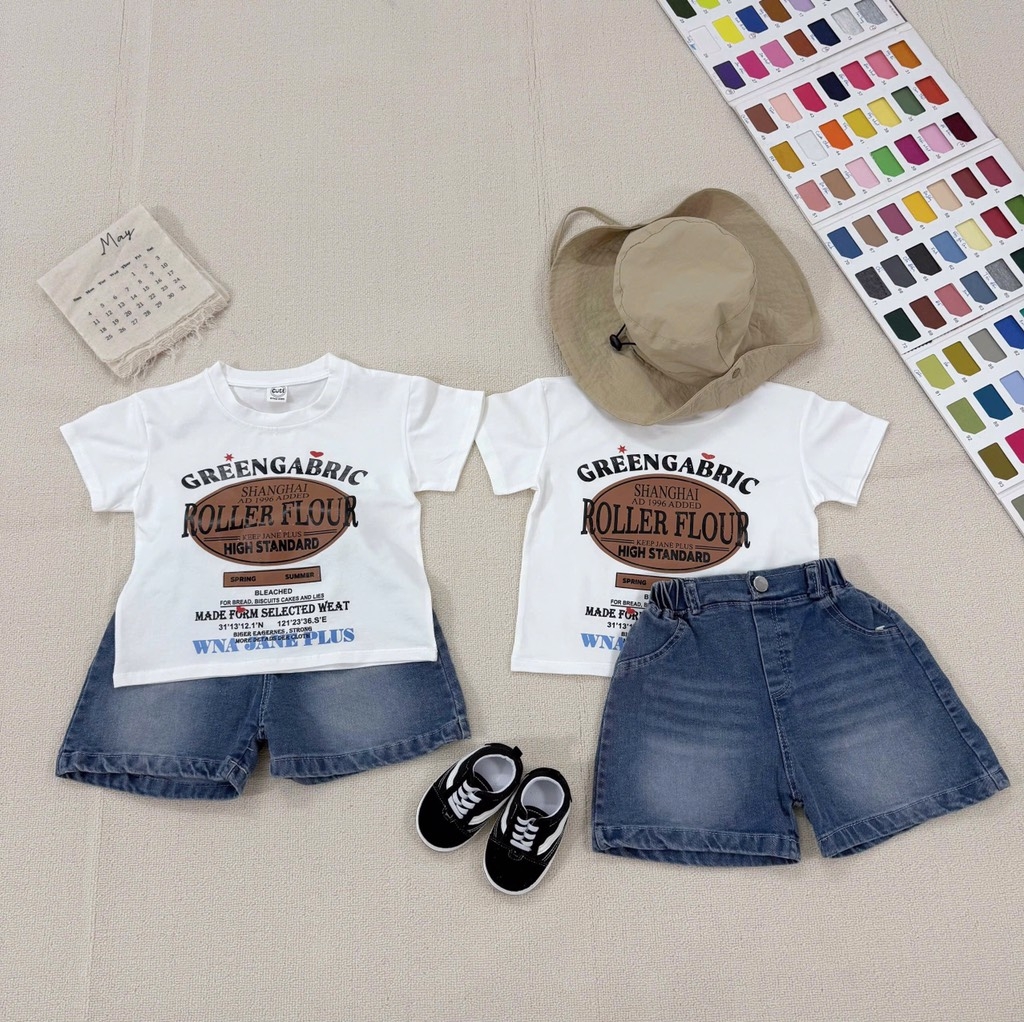 SÉT BỘ ÁO PHÔNG KEM ROLLER FLOUR QUẦN SHORT JEAN CHO BÉ TRAI
