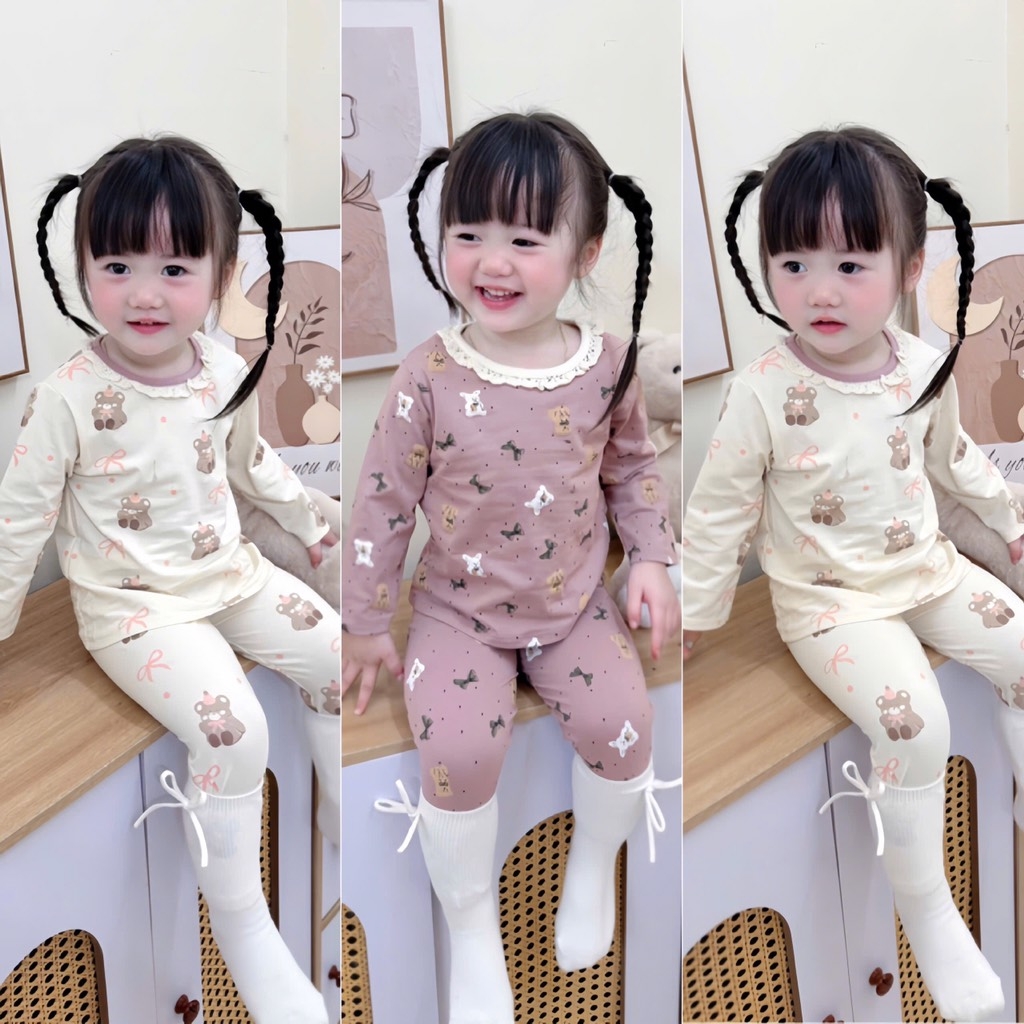 SET 2 BỘ DÀI COTTON GẤU NƠ MÀU HỒNG TÍM - BE BÉ GÁI