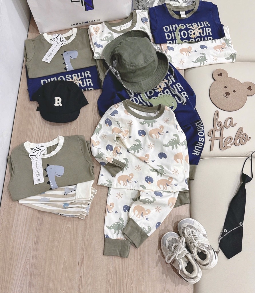 SET 3 BỘ DÀI TAY KHỦNG LONG TONE BE RÊU XANH THAN BÉ TRAI