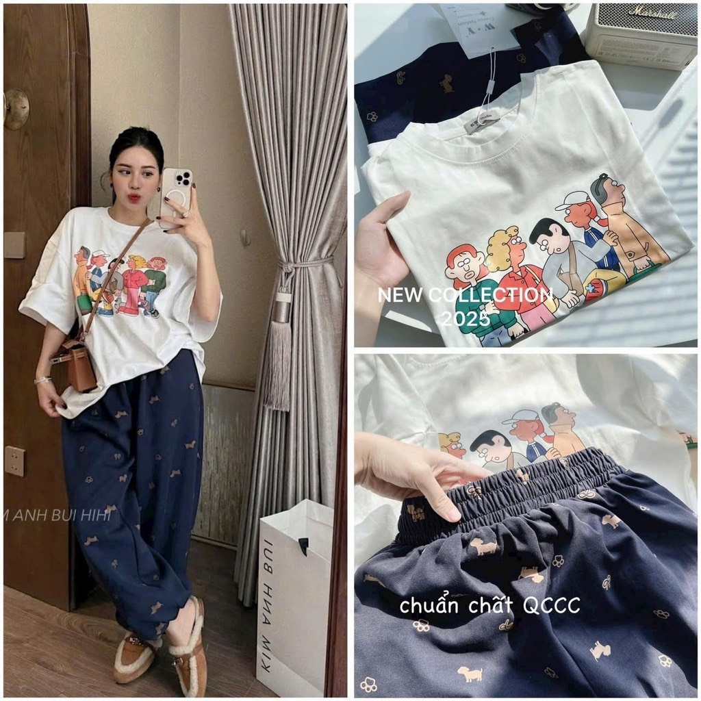 SET ÁO PHÔNG TRẮNG QUẦN XANH THAN BO GẤU NỮ (2x)