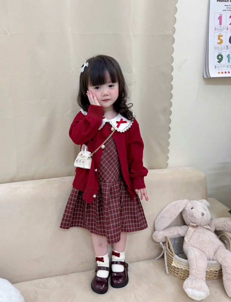 SET VÁY CARDIGAN ĐỎ TIỂU THƯ DÀI BÉ GÁI