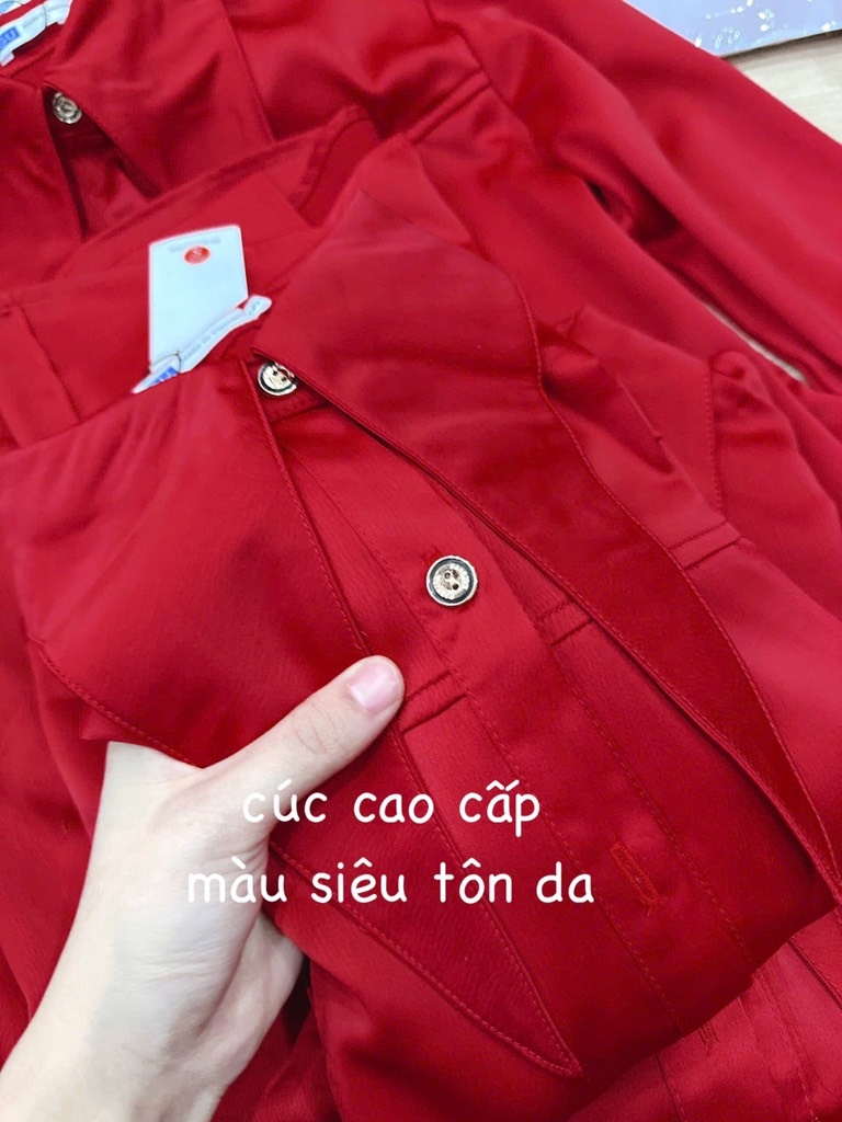 ÁO SƠ MI LỤA ĐỎ CỔ DÀI NỮ SẴN