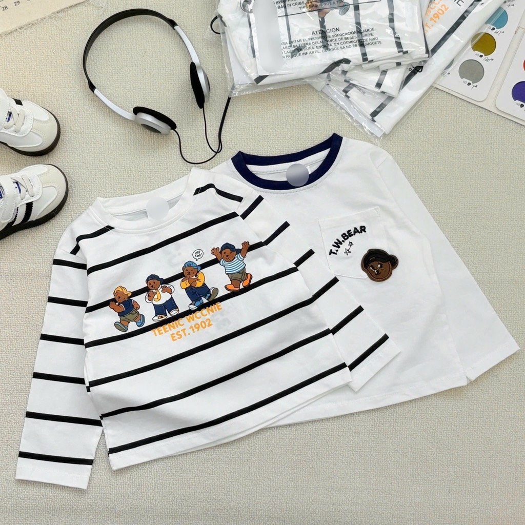 SET 2 ÁO GẤU KẺ TRẮNG DÀI TAY BÉ TRAI