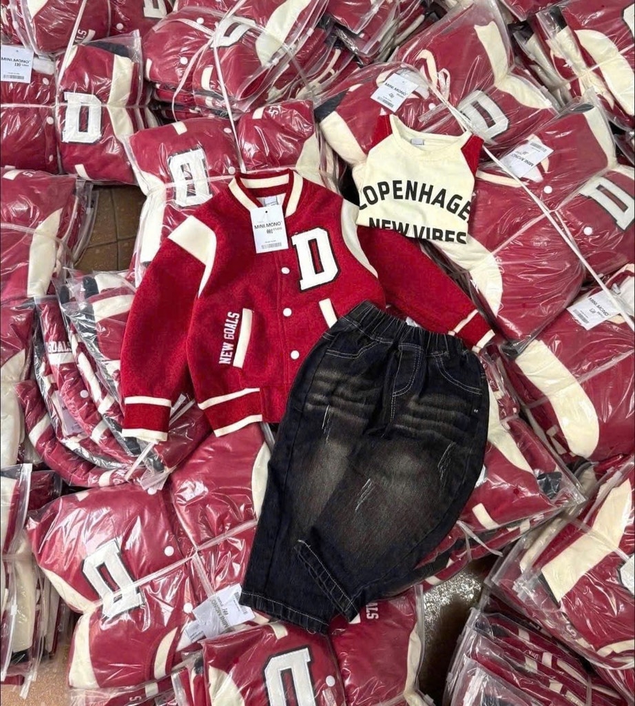 SÉT DÀI 3 MÓN COVER NEW ÁO KHOÁC BOMBER ĐỎ ÁO PHÔNG QUẦN JEAN BÉ TRAI