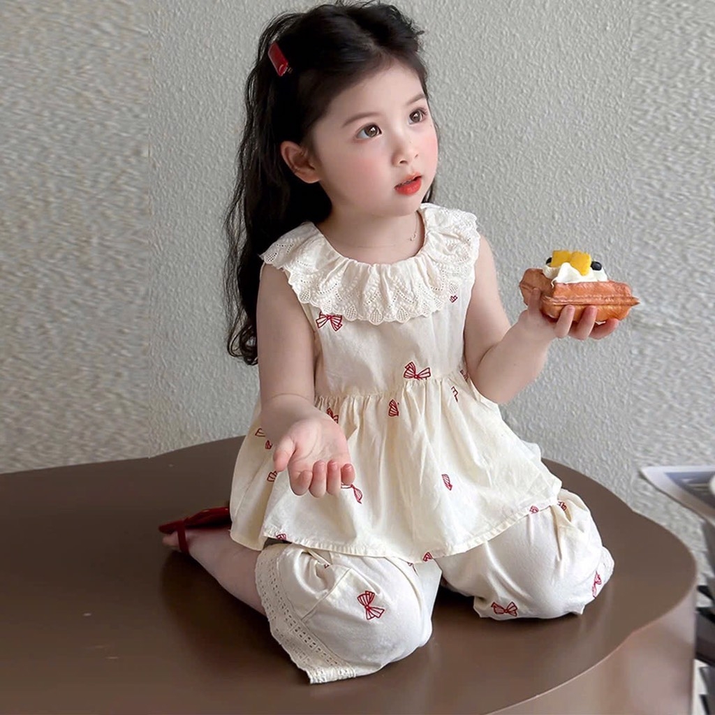 SET BỘ HOMEWEAR BÈO ĐÍNH NƠ BÉ GÁI SẴN