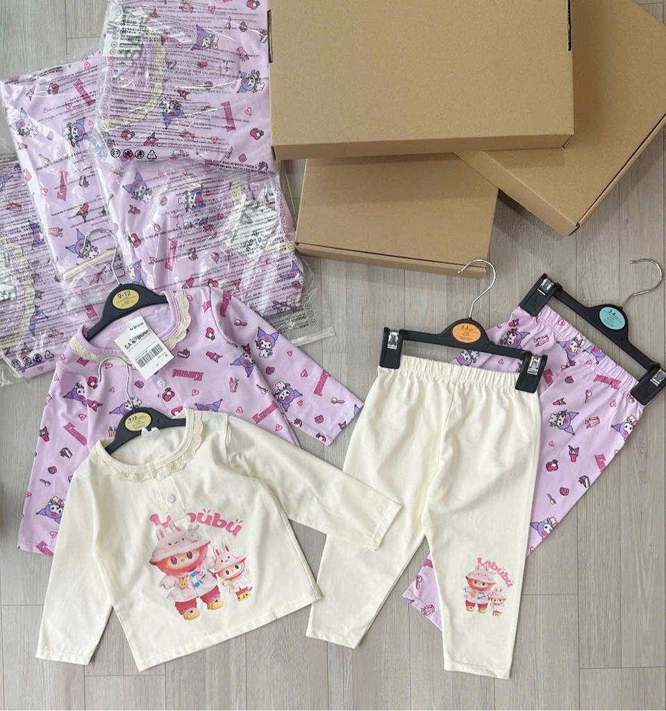 SET 2 BỘ DÀI LABUBU TÍM KEM PHỐI CỔ VIỀN REN CHO BÉ GÁI (XẢ 79k)