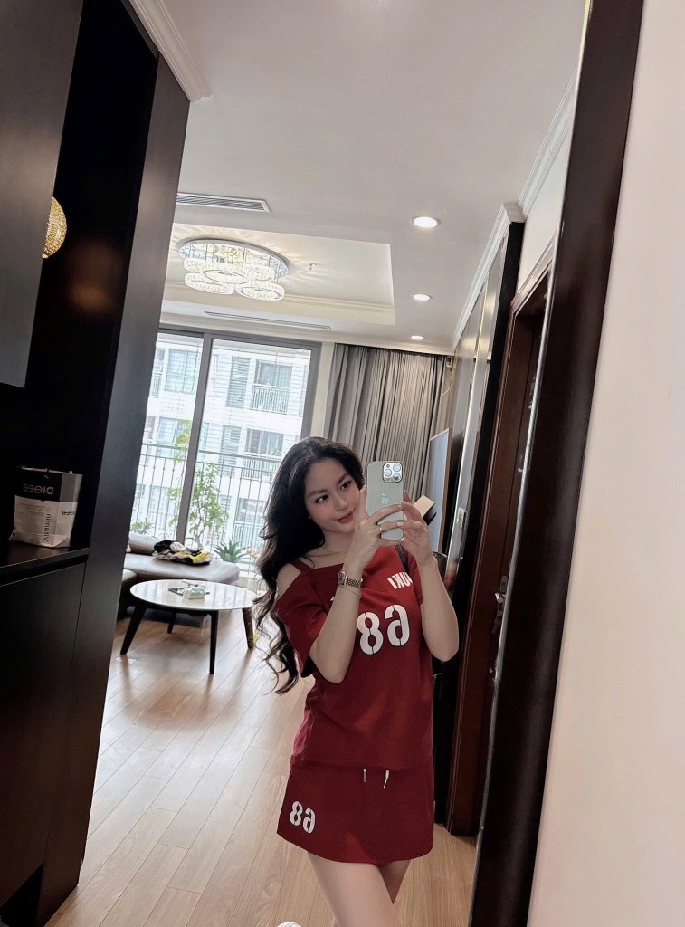 SET COTTON TÀU ÁO LỆCH ĐỎ NỮ SẴN