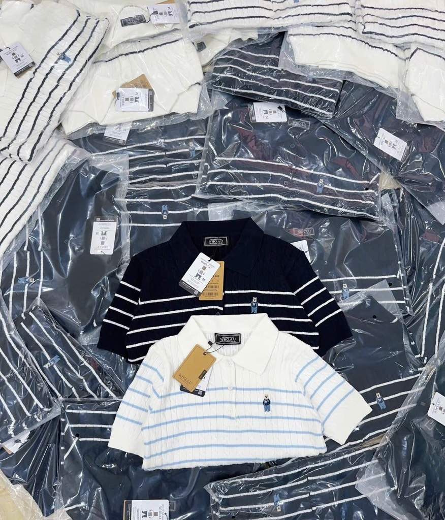 ÁO POLO LEN VẶN THỪNG THÊU GẤU CỘC TAY NỮ THU ĐÔNG
