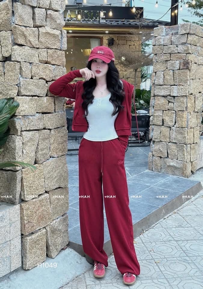 SET BỘ BAD ÁO KHOÁC ĐỎ QUẦN BO NỮ THU ĐÔNG