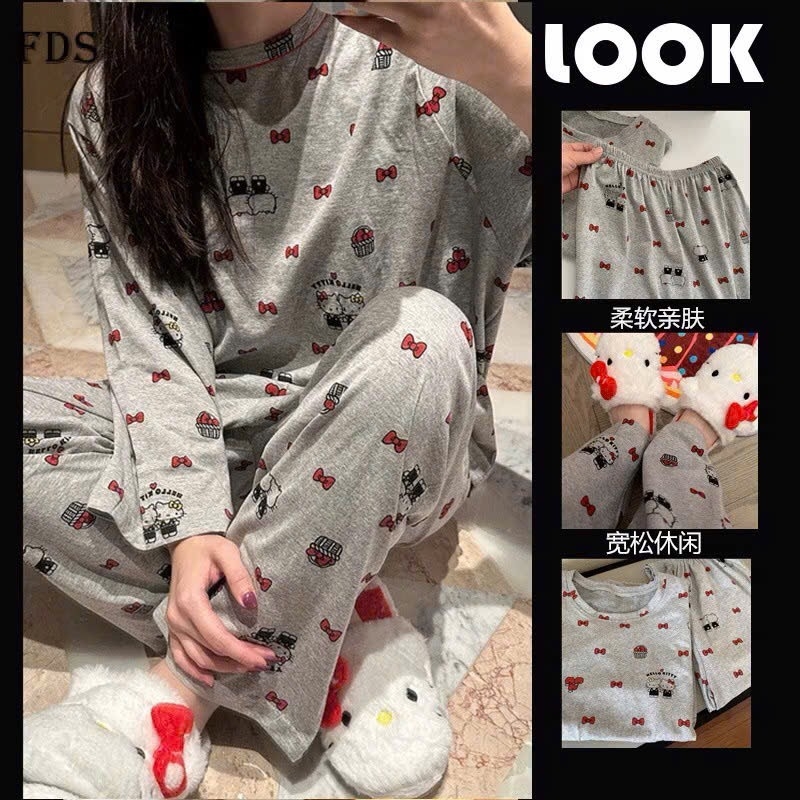 SET BỘ NGỦ DÀI HELLO KITTY NƠ NỮ THU ĐÔNG
