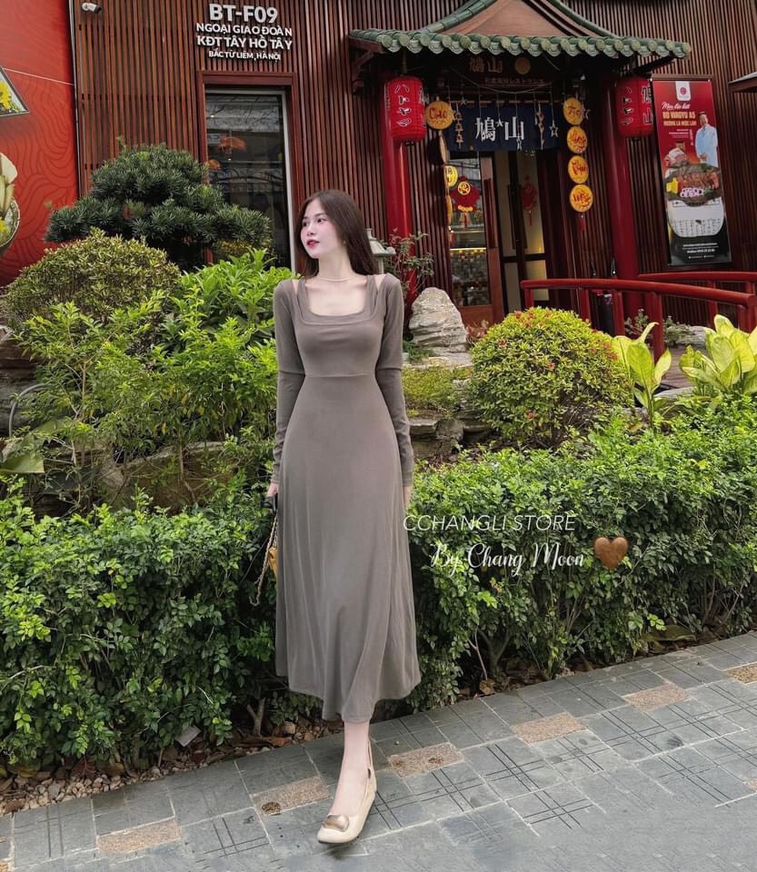 VÁY LEN MIDI CỔ VUÔNG ĐAN(xả 128k)
