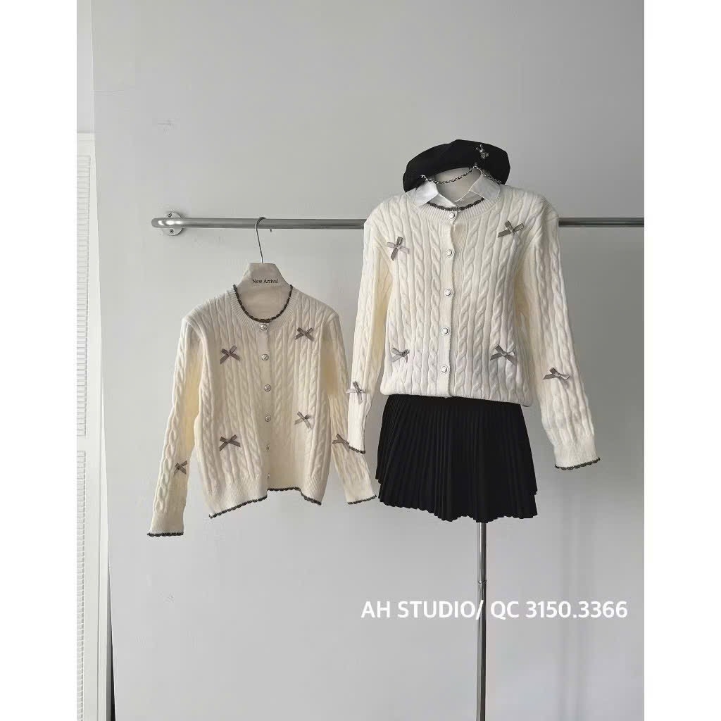 ÁO LEN CARDIGAN MÀU KEM ĐÍNH NƠ NỮ THU ĐÔNG