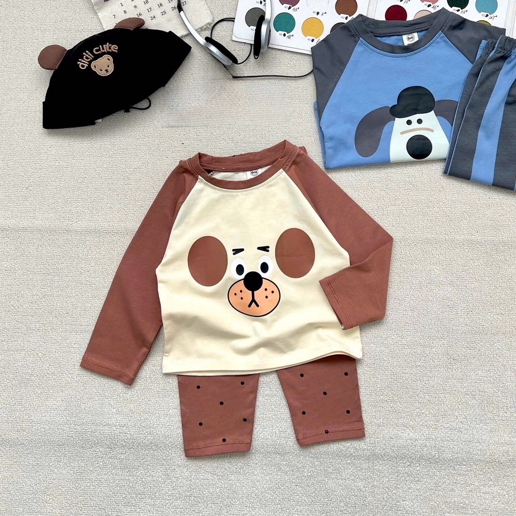 SET 2 BỘ DÀI COTTON CHÓ XANH GẤU NÂU BÉ TRAI SẴN