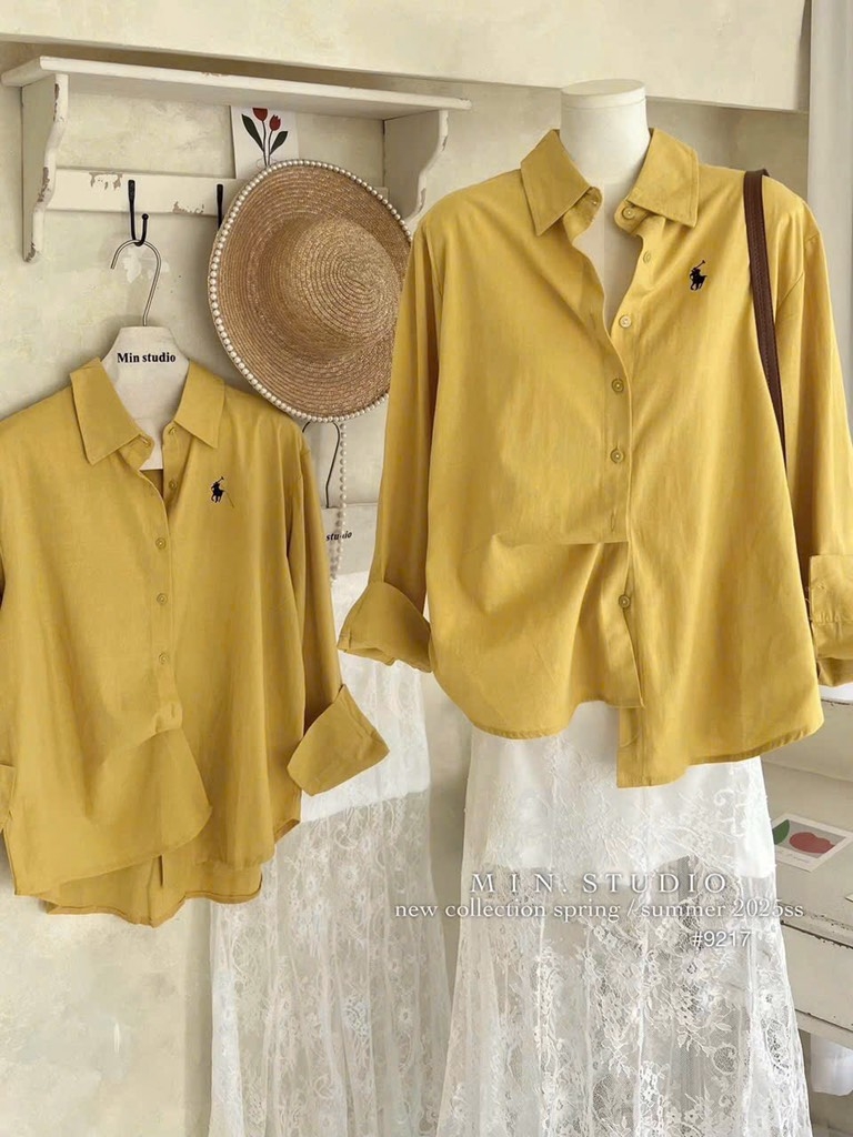 ÁO SƠ MI VÀNG DÀI TAY THÊU NGỰA NỮ