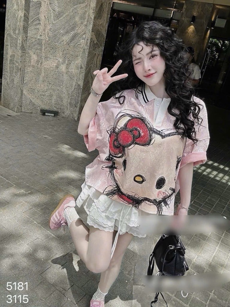 ÁO PHÔNG RÔNG HELLO KITTY CỔ BẺ NỮ SẴN