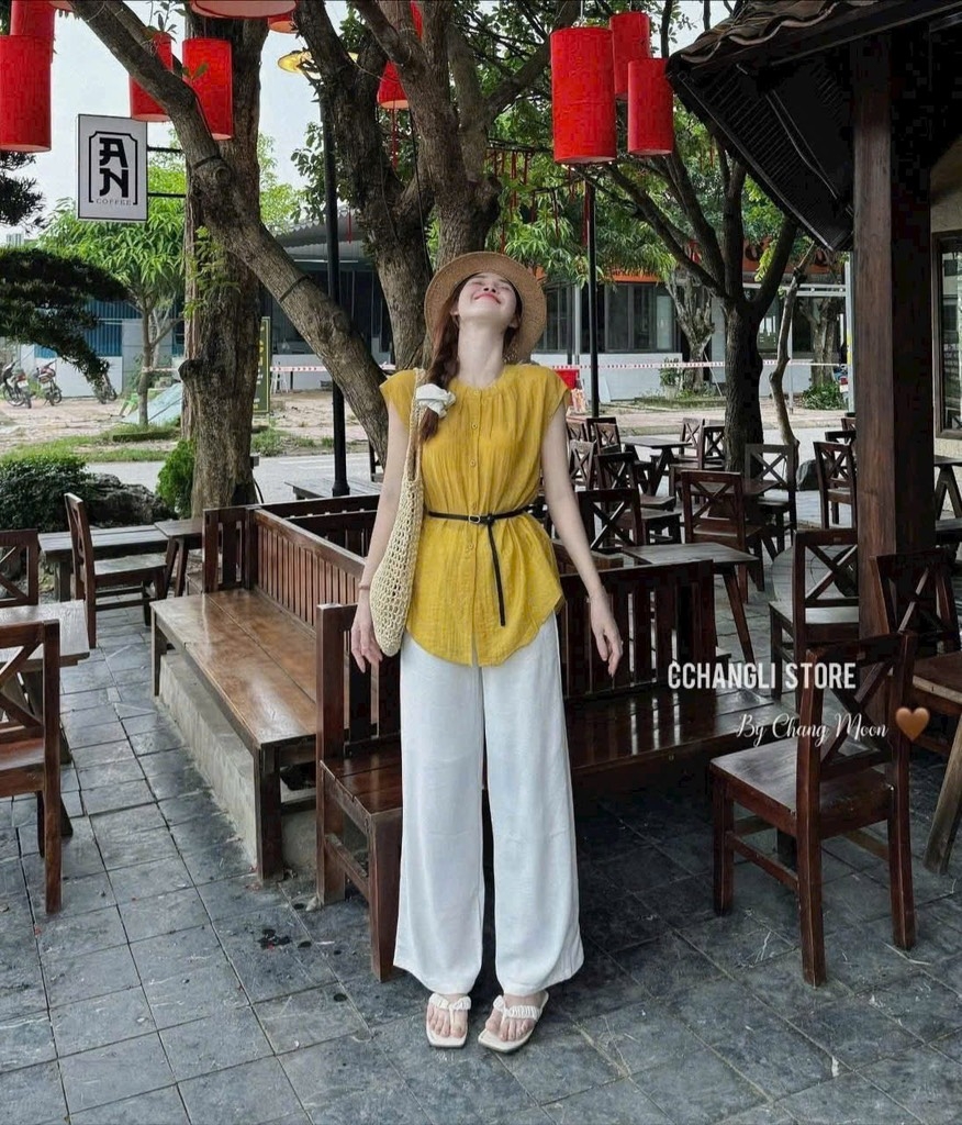 SET ÁO VÀNG QUẦN SUÔNG KÈM ĐAI NỮ