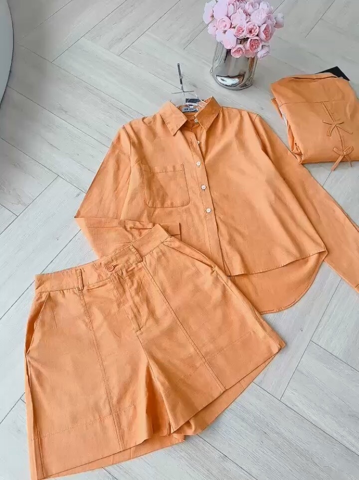 SET BỘ ORANGE NƠ SAU XẮN TAY QUẦN SHORT LỠ NỮ SẴN(XẢ 155k)