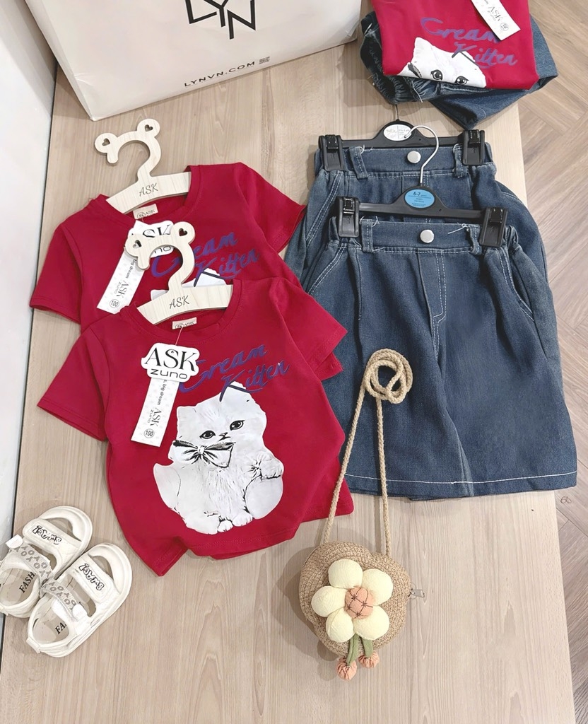 SET ÁO PHÔNG ĐỎ MÈO QUẦN BÒ BÉ GÁI (xả 65k)