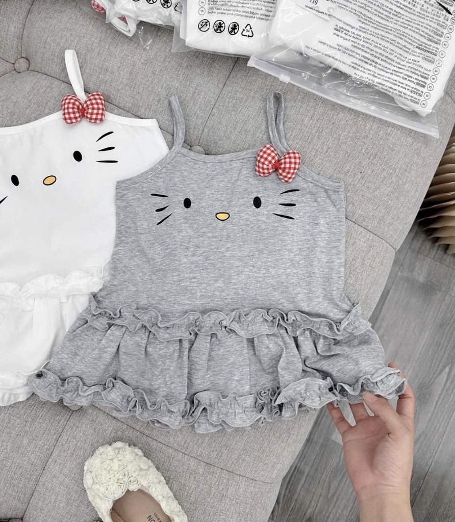 SÉT 2 VÁY 2S KITTY BÈO 2 TẦNG NƠ BÔNG TONE TRẮNG GHI CHO BÉ GÁI NEW