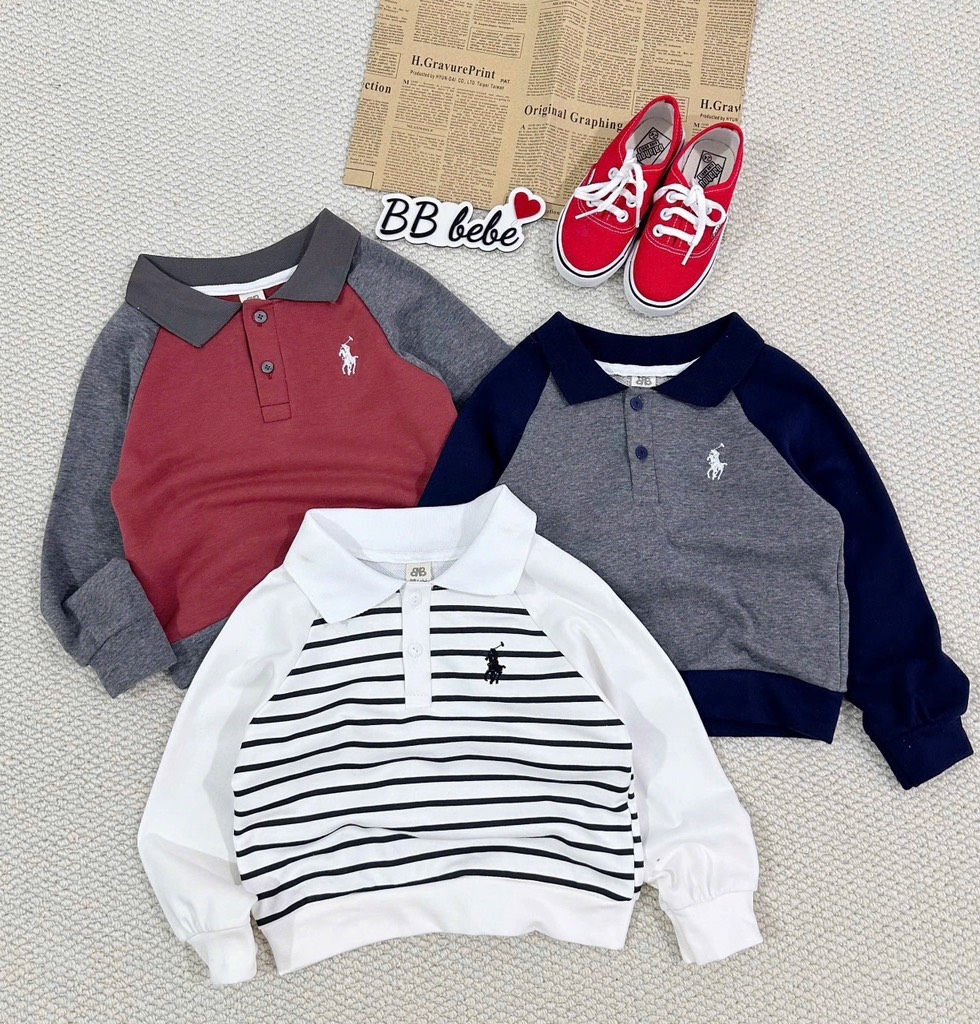 SET 3 ÁO NGỰA DÁNG BOM CỔ TRỤ DÀI TAY BÉ TRAI SẴN