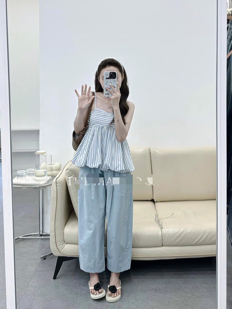 SET BỘ NỮ ÁO KẺ LI-EN BỒNG 2 LỚP CHẠY CHUN SẴN