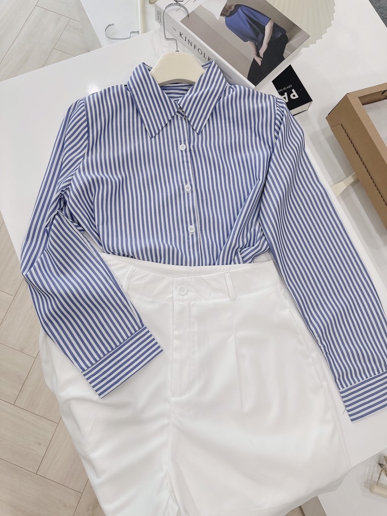 SET ÁO KẺ XANH MIX SHORT LI GẤU TO NỮ SẴN
