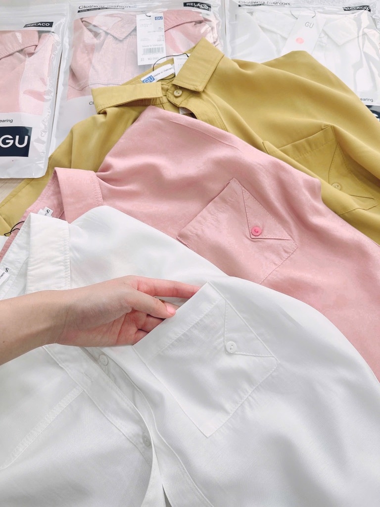ÁO SƠ MI GU TÚI TRƯỚC HỒNG TRẮNG NỮ SẴN (SALE 80k)