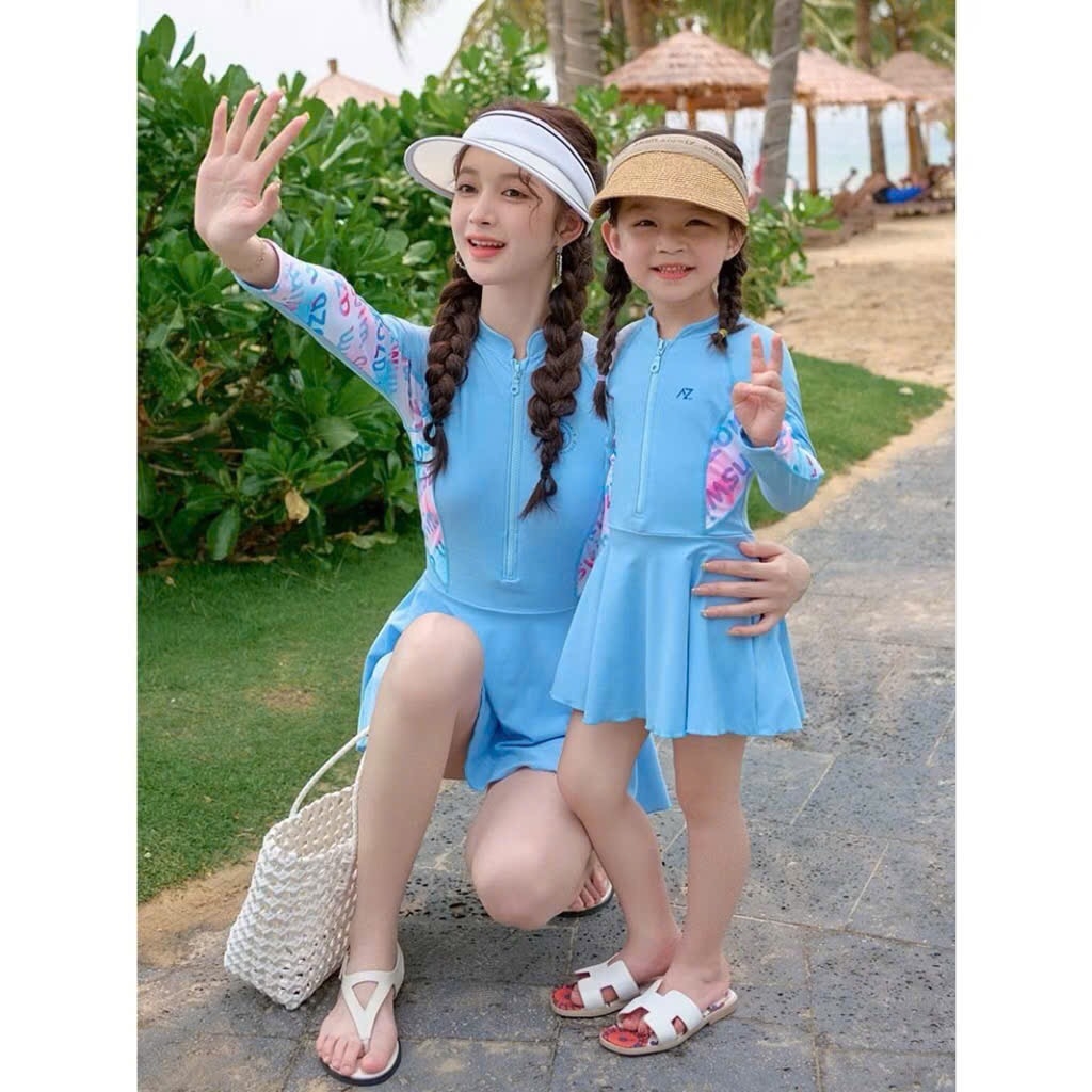ĐỒ BƠI - BỘ BƠI LIỀN VÁY XANH DƯƠNG CHO MẸ VÀ BÉ GÁI
