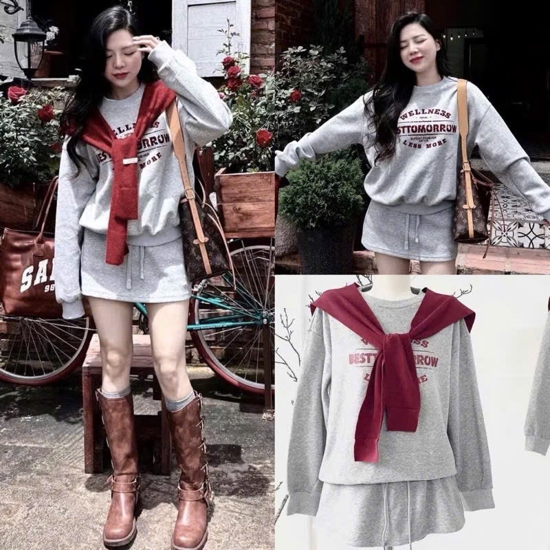 SET CHÂN VÁY UMI XÁM KÈM KHĂN ĐỎ NỮ THU ĐÔNG SẴN