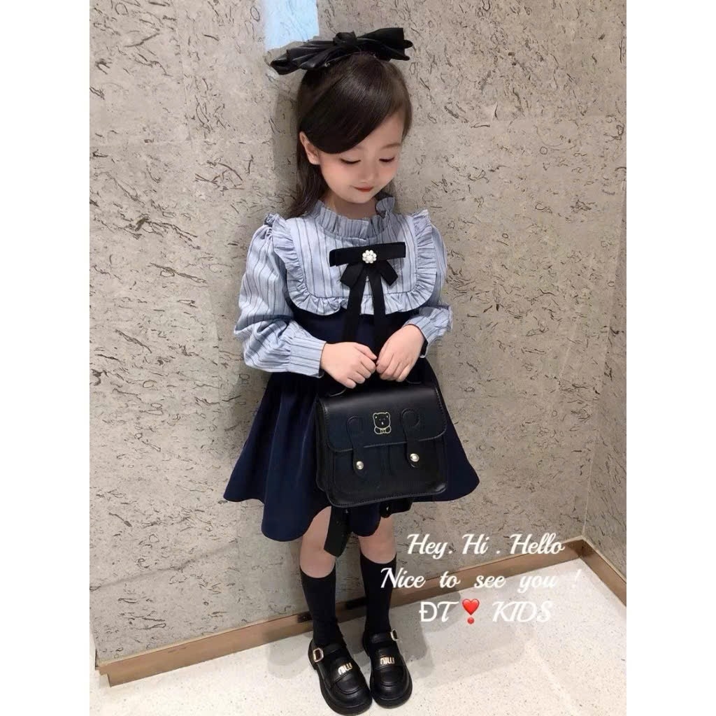 VÁY TIỂU THƯ MIX NƠ CỔ TONE XANH BÉ GÁI