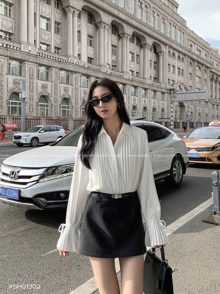 ÁO SƠ MI DẬP LI TAY NƠ BUỘC NỮ SẴN