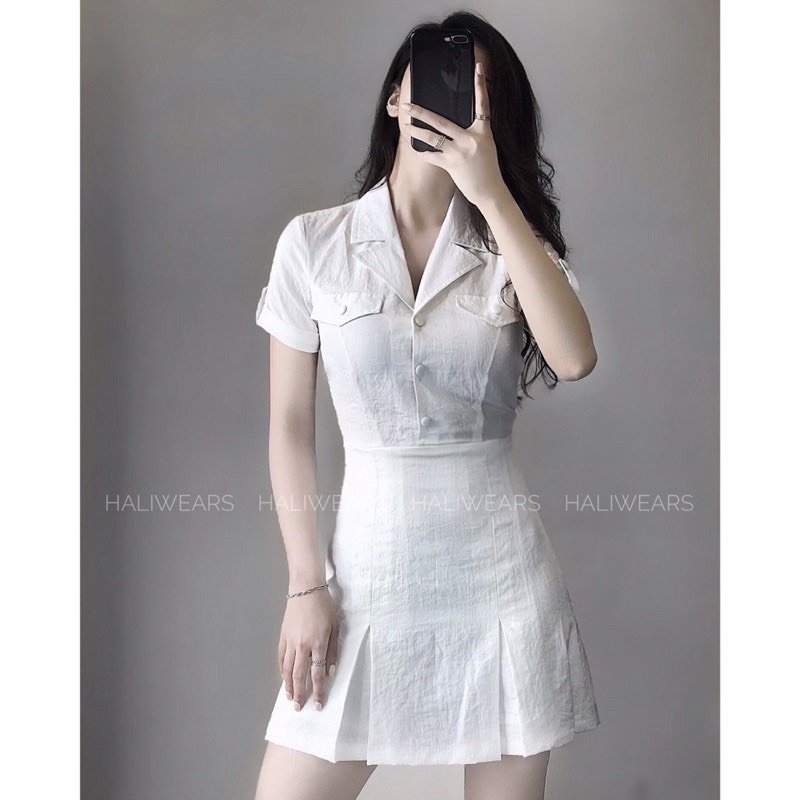 VÁY NỮ CỔ VEST NẮP TÚI LI GẤU