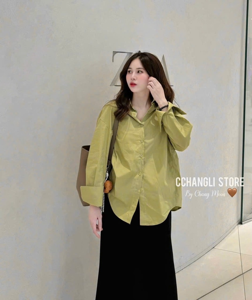 ÁO SƠ MI DÀI TAY XANH LÁ MẠ NỮ