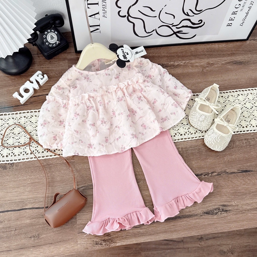 SET BỘ DÀI ÁO HOA XỐP QUẦN DÀI LOE ĐIỆU BÉ GÁI SẴN (xả 45k)